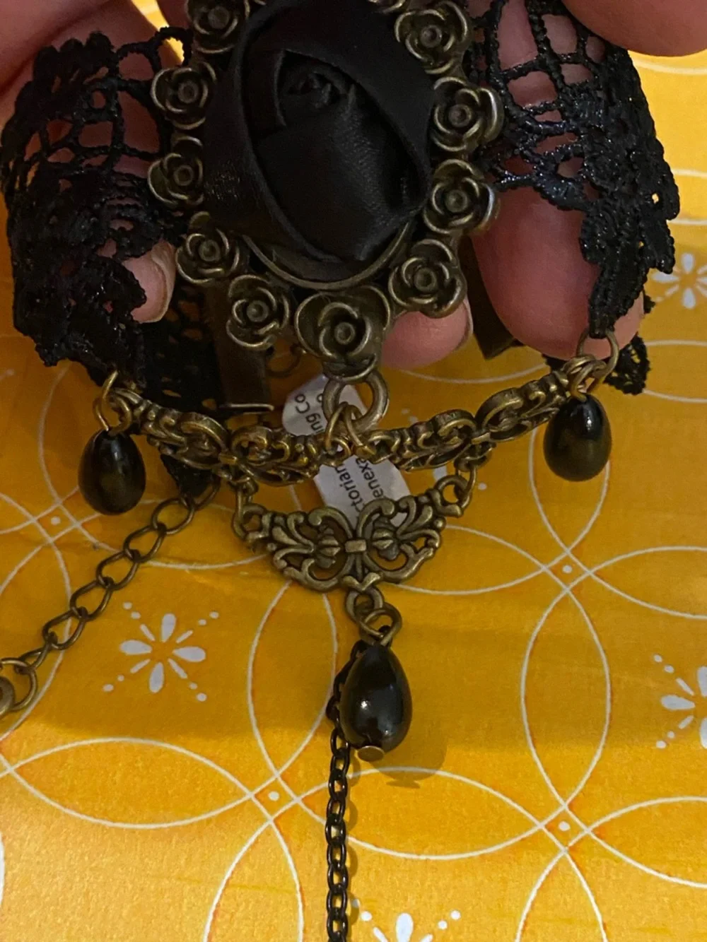 Black Lace Rose Bracelet with Connecting Ring. Antique Brass Accents - Picture 6 of 9
